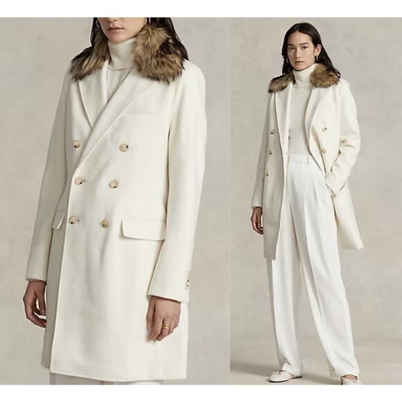 Ralph Lauren Fur Collar Double Breasted Parka Peacoat Long Overcoat 4 S White - Picture 2 of 11